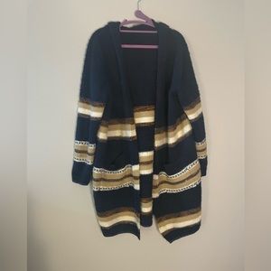 Fate longline thick striped cardigan with hood , navy tan orange